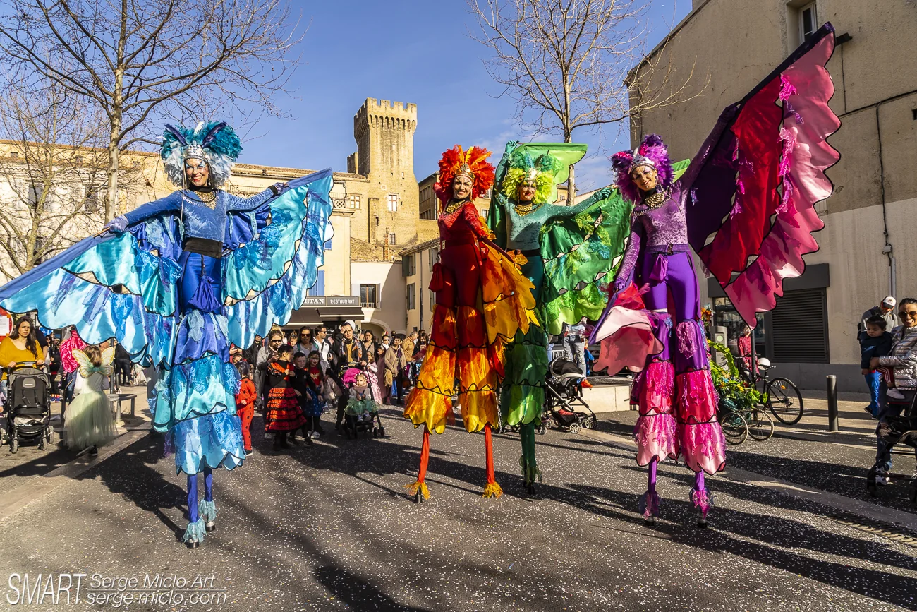 Troupe d'échassiers multicolores en parade
